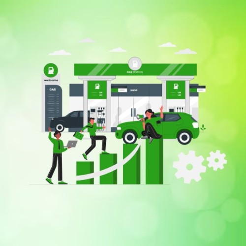 Gas Deck Software Illustration Showing a Gas Station with an Upward Growth Chart and Operational Gears